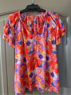 Women's Floral Peasant Top in Orange-Ref & Purple